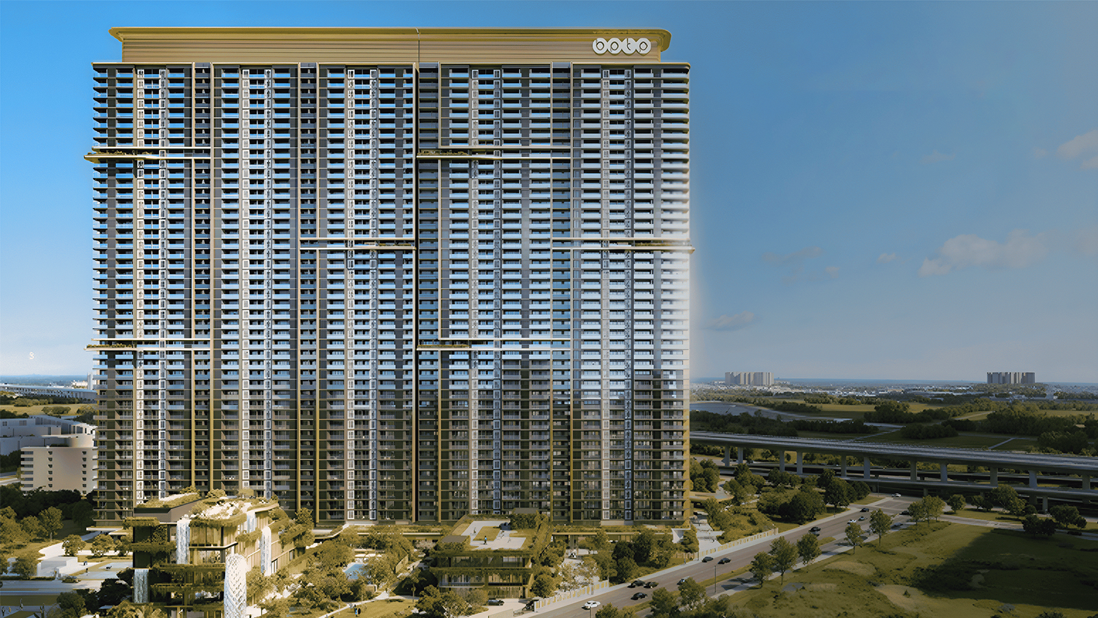 Tall modern buildings with blue sky and green trees in front