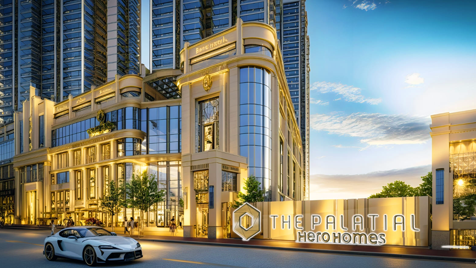 Tall modern buildings with blue sky and green trees in front