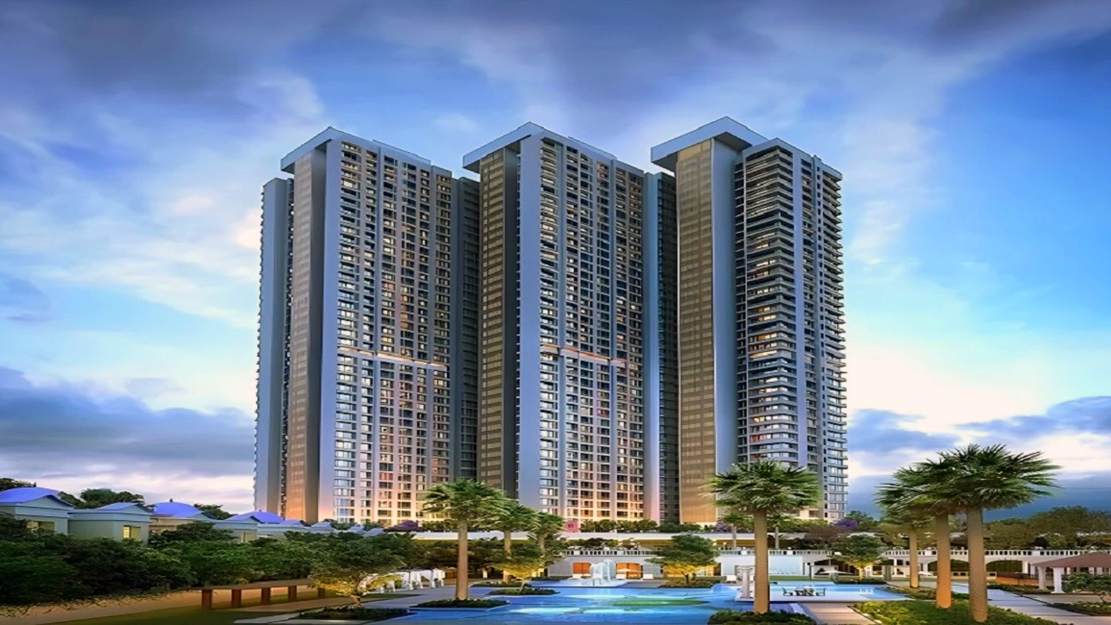 Tall modern buildings with blue sky and green trees in front